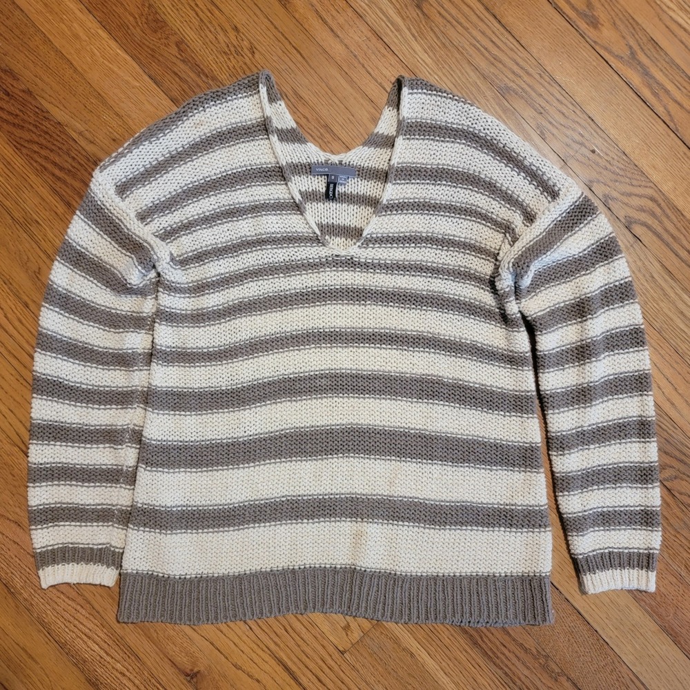 Vince Long‎ Sleeve Brown Cream V Neck Striped Knit Sweater Women's Size Small